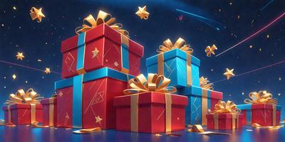 The primary subject of the image is a collection of wrapped presents. The presents are arranged in a visually appealing manner, with some of them placed on a blue surface. The setting appears to be a festive or celebratory environment, possibly a holiday or special occasion. The visual style of the image is a combination of digital art and illustration, creating a vibrant and lively atmosphere. The colors and mood of the image are predominantly warm and cheerful, with the red and blue colors of the presents adding to